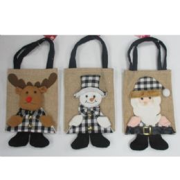 24 Wholesale Gift Bag Christmas 3ast Burlap 6.5x8in W/3d Characters Xmas Ht Buffalo Check