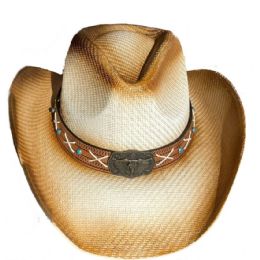 36 Bulk Paper Straw Brown Shade Long Horn Bull Laced Band Western Cowboy Hat