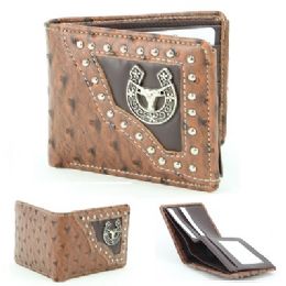 24 Wholesale Vegan Leather Wallet [bifold] Western Horseshoe/steer [brwn]