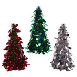 24 Bulk Christmas Tree Tinsel Cone 18.75in Silver/red/green W/holly Leaf & Berry Icons/ht