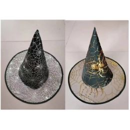 24 Wholesale Witch Hat Adult 18in 2ast Web/spider Patterns Ea In Gold Or Silver Ht/jhook