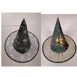 48 Wholesale Witch Hat Kids 13in 2ast Web/spider Patterns Ea In Gold Or Silver Ht/jhook