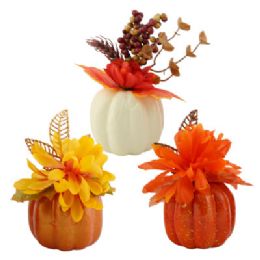 24 Bulk Pumpkin W/flower 6x3 3ast 12pc Pdq/harvest Hangtag W/glitter Leaf Or Berry/leaf