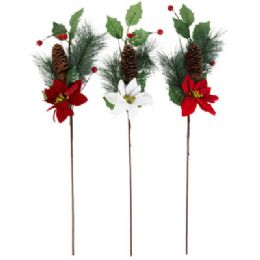 24 pieces Christmas Pick 24in Poinsettia W/pine/cone/berries 3ast Xmas ht - Christmas Novelties