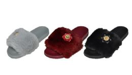 36 Pairs Fuzzy Slide With Jewel Flower - Men's Flip Flops and Sandals
