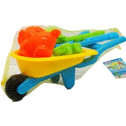 24 pieces 12.5" Beach Wheel Barrow W/ 4pc Acss In Pegable Net Bag - Summer Toys
