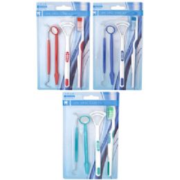 24 Bulk Toothbrush Oral Care Kit 4pk Pick/mirror/brush/tongue Cleaner 3ast Colors/hba Blister Card