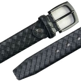 12 Wholesale Belt for Men Black Leather with Basket weave Pattern Mixed sizes