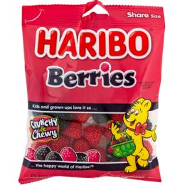 12 pieces Gummi Candy Haribo Raspberries4 Oz Peg Bag - Food & Beverage
