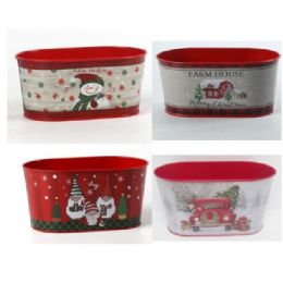 12 of Christmas Tin Bucket Oval Decorative 9in L X 4.5in W X 4.625in H 4asst Prints Upc Label
