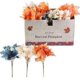 24 Wholesale Harvest Leaf Bouquet 5 Stem/13in 3ast Colors W/pumpkins & Berry Clusters 24pc Dump Display