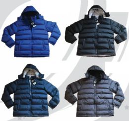 12 Wholesale Men's Polar Fleece Lined Padded Bubble Jacket With Zip Off Hood Sizes M-2xl Black With Silver Lining