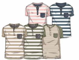 96 Pieces Men's Short Sleeve Striped Henley T-Shirt - Men's Work Shirts