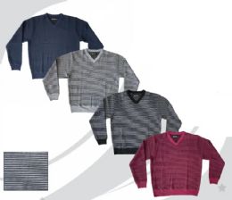 48 Pieces Men's Thin Horizontal Two Tone Striped V- Neck Sweaters Sizes M-2xl - Men's Work Shirts