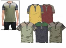 96 Pieces Mens Short Sleeve Cut And Sew Henley Tee Shirt Assorted Colors And Sizes S-xl - Mens T-Shirts