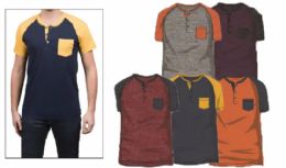 72 Pieces Men's Short Sleeve Henley Contrast Color Pocket T-Shirts - Mens T-Shirts