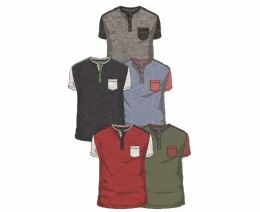 72 Pieces Mens Short Sleeve Henley Cut And Sew Pocket T-Shirts - Mens T-Shirts