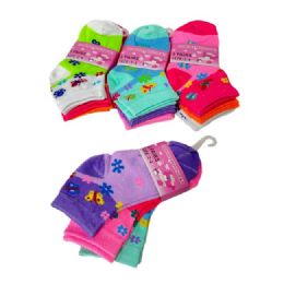 24 Pairs 3pr Girl's Printed Ankle Socks 2-4 [butterfly & Daisies] - Toddler Footwear