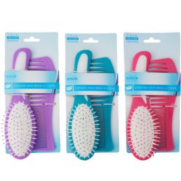 24 Wholesale Hair Brush & Comb Set 3ast Colors 7.09in Comb/8.07in Brush Sleeve Tcd