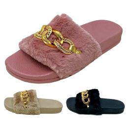 36 Pieces Ladies Fuzzy Gold Link Slipper - Women's Slippers
