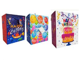 144 Wholesale Cardboard Large Birthday Gift Bags In 3 Assorted Colors