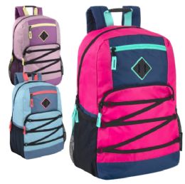 24 Pieces Double Zippered Bungee Backpacks With Laptop Section - 3 Colors - Backpacks 18" or Larger