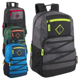 24 Pieces Double Zippered Bungee Backpacks With Laptop Section - 4 Colors - Backpacks 18" or Larger