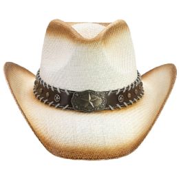 12 of Paper Straw Brown Shade Western Cowboy Hat with Star Laced Edge Band