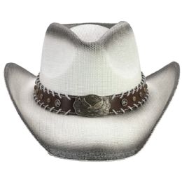 12 of High Quality Paper Straw Black Shade Western Cowboy Hat with Eagle Leather Laced Edge Band