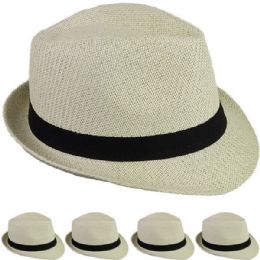 12 of Classic Toyo Straw Adult Light Tan Trilby Fedora Hat with Black Band