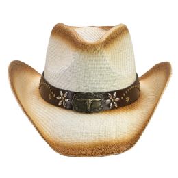 12 of Paper Straw Brown Shade Long Horn Bull Western Cowboy Hat