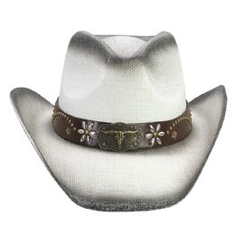 12 of Paper Straw Black Shade Bull Style Leather Band Western Cowboy Hat