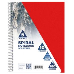 24 Wholesale 5-Subject Spiral Notebook - 10 Pocket Dividers, 9 X 11 Inches, Durable Poly Cover, Assorted Colors, Wide-ruled, 180 Sheets