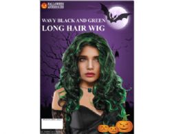 12 pieces Wavy Black Long Hair Wig With Green Streaks - Hair Accessories