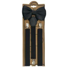 12 Wholesale Adjustable Elastic Y Back Style Unisex Bowtie Suspender Set - Black
