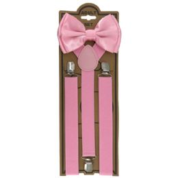 12 Wholesale Adjustable Elastic Y Back Style Unisex Bowtie Suspender Set - Pink
