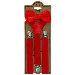 12 Wholesale Adjustable Bowtie Suspender Set for Kids - Elastic Y-Back Design with Strong Metal Clips - Red