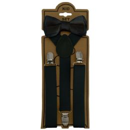 12 Wholesale Adjustable Bowtie Suspender Set for Kids - Elastic Y-Back Design with Strong Metal Clips - Black