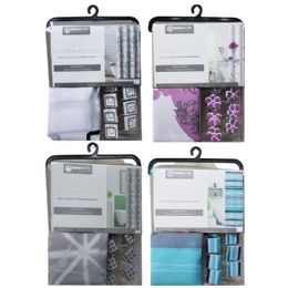 12 pieces Polyester Shower Curtain W Hooks - Shower Curtain