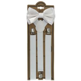 12 Wholesale Adjustable Elastic Y Back Style Unisex Bowtie Suspender Set - White