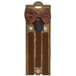 12 Wholesale Adjustable Elastic Y Back Style Unisex Bowtie Suspender Set - Dark Brown