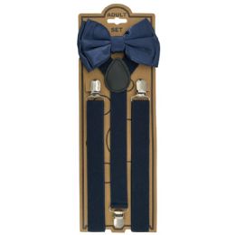 12 Wholesale Adjustable Elastic Y Back Style Unisex Bowtie Suspender Set - Navy Blue