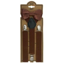 12 Wholesale Adjustable Bowtie Suspender Set for Kids - Elastic Y-Back Design with Strong Metal Clips - Dark Brown