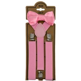 12 Wholesale Adjustable Bowtie Suspender Set for Kids - Elastic Y-Back Design with Strong Metal Clips - Pink