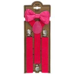 12 Wholesale Adjustable Bowtie Suspender Set for Kids - Elastic Y-Back Design with Strong Metal Clips - Hot Pink