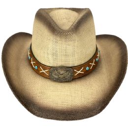 12 of Paper Straw Eagle Turquoise Bead Band Brown Cowboy Hat
