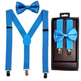 36 Wholesale Light Blue Kid Bowtie and Suspenders Set