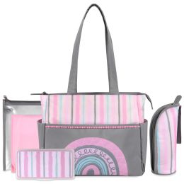 12 Pieces Baby Essentials Diaper Bag Tote 5 Piece Set Pink Rainbow Themed - Baby Diaper Bag