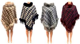 12 Pieces Winter Houndstooth Graphic Poncho With Faux Fur Collar Assorted - Winter Pashminas and Ponchos