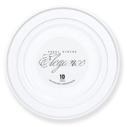 12 pieces Elegance Plate 10.25in White + 2 Lines Stamp Silver - Plastic Dinnerware